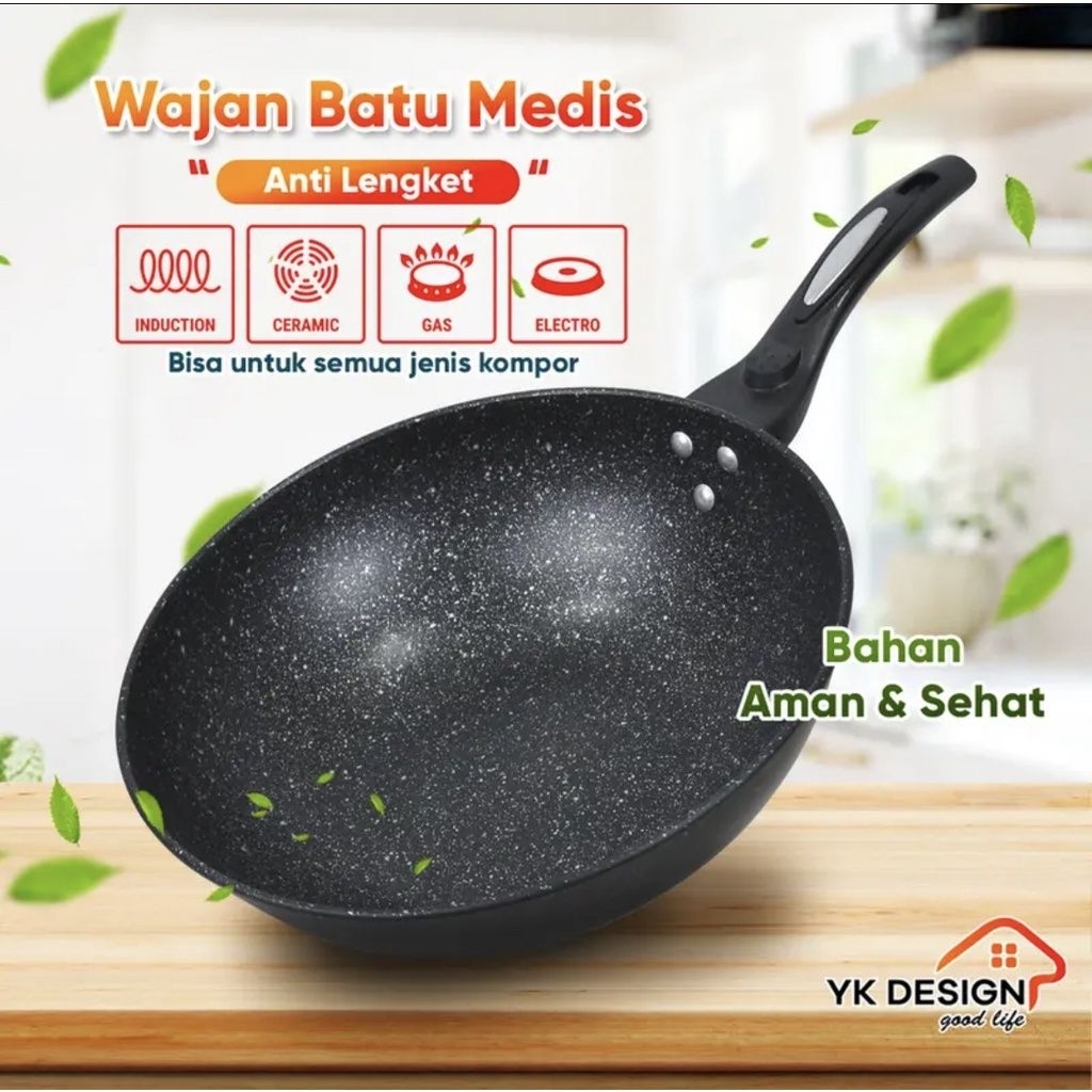 WAJAN PENGGORENGAN BATU MEDIS WAJAN TEFLON TEBAL MARBLE BATU MEDIS 32 CM