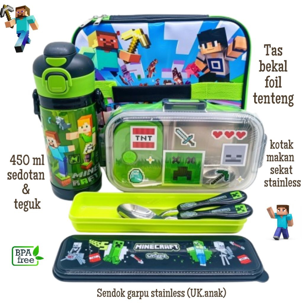 Set bekal Minecraft anak kotak stainless