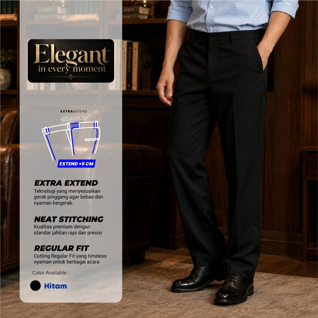 ESBEG - Celana Panjang Formal Pria BOLZANO Reguler Fit Extra Extend Warna Hitam Jetblack - BOLZANO F