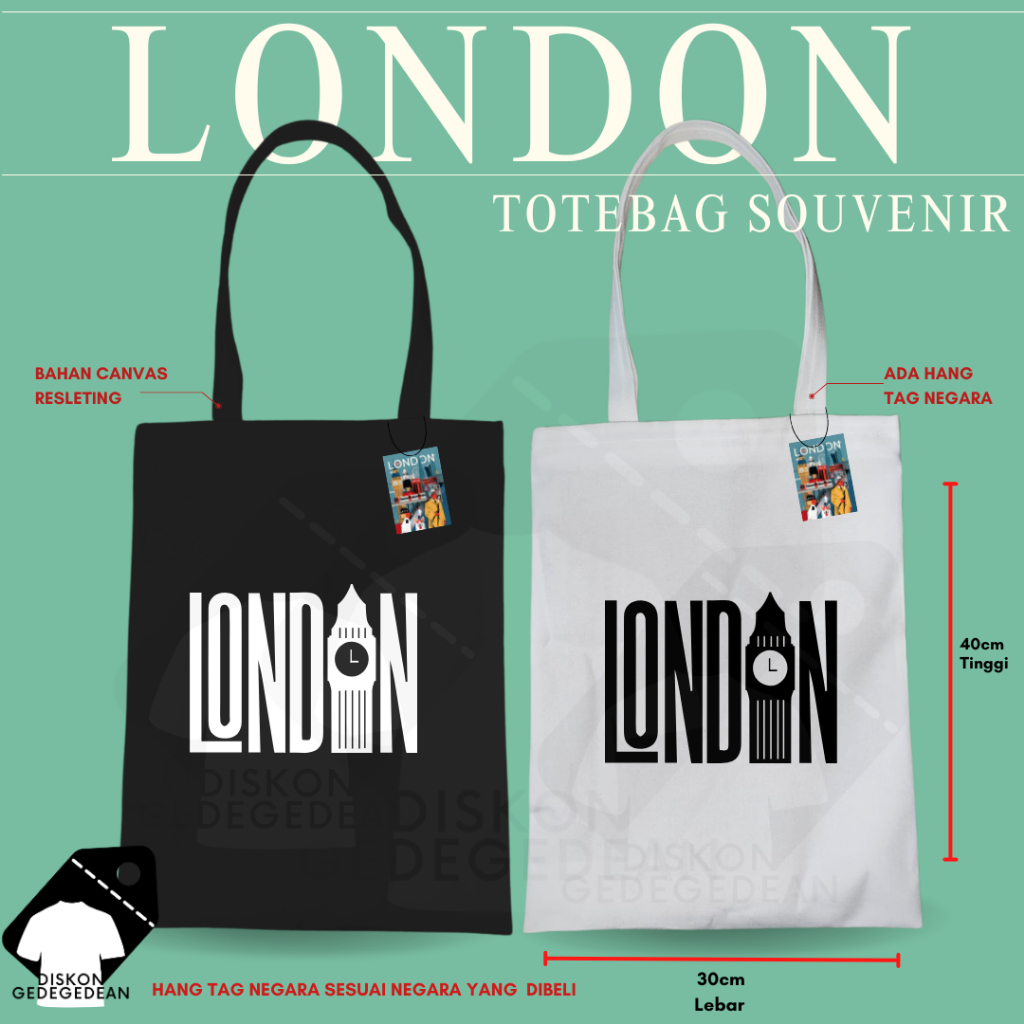 Diskongedegedean Totebag London Souvenir Tas Oleh Oleh London Kanvas Resleting 1