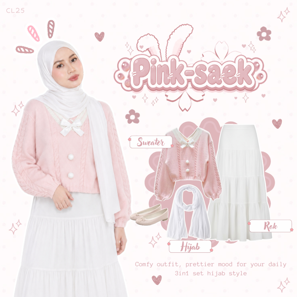 One Set 3in1 Remaja Kekinian - Hijab - Rok - Sweater - Set Korean Style OOTD Remaja Hangout - CL25
