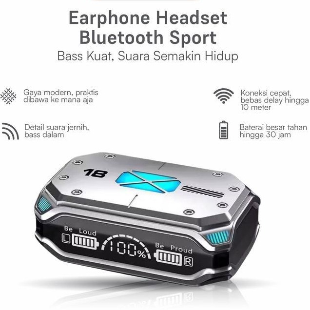 Robot - Earphone Headset Bluetooth Sport 48 Jam Anti Keringat & Air (Ipx5) - Case Gagah Kaya + Cas