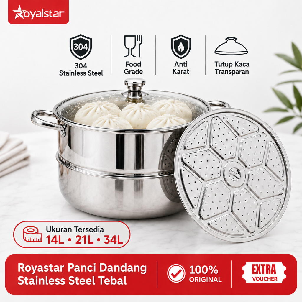 Royalstar Panci Dandang Kukus Steamer Stainless Steel SUS304 Tebal Dandang Bakso Ukuran Jumbo