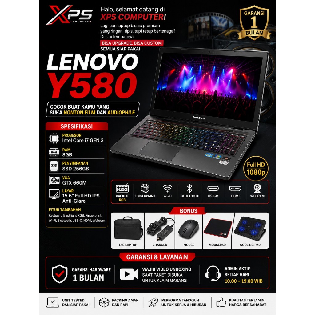 Laptop Seken Murah Lenovo Y580 | Core i7 | RAM 8GB | SSD256GB | GeForce GTX 660M | Layar 15.6” | Gam
