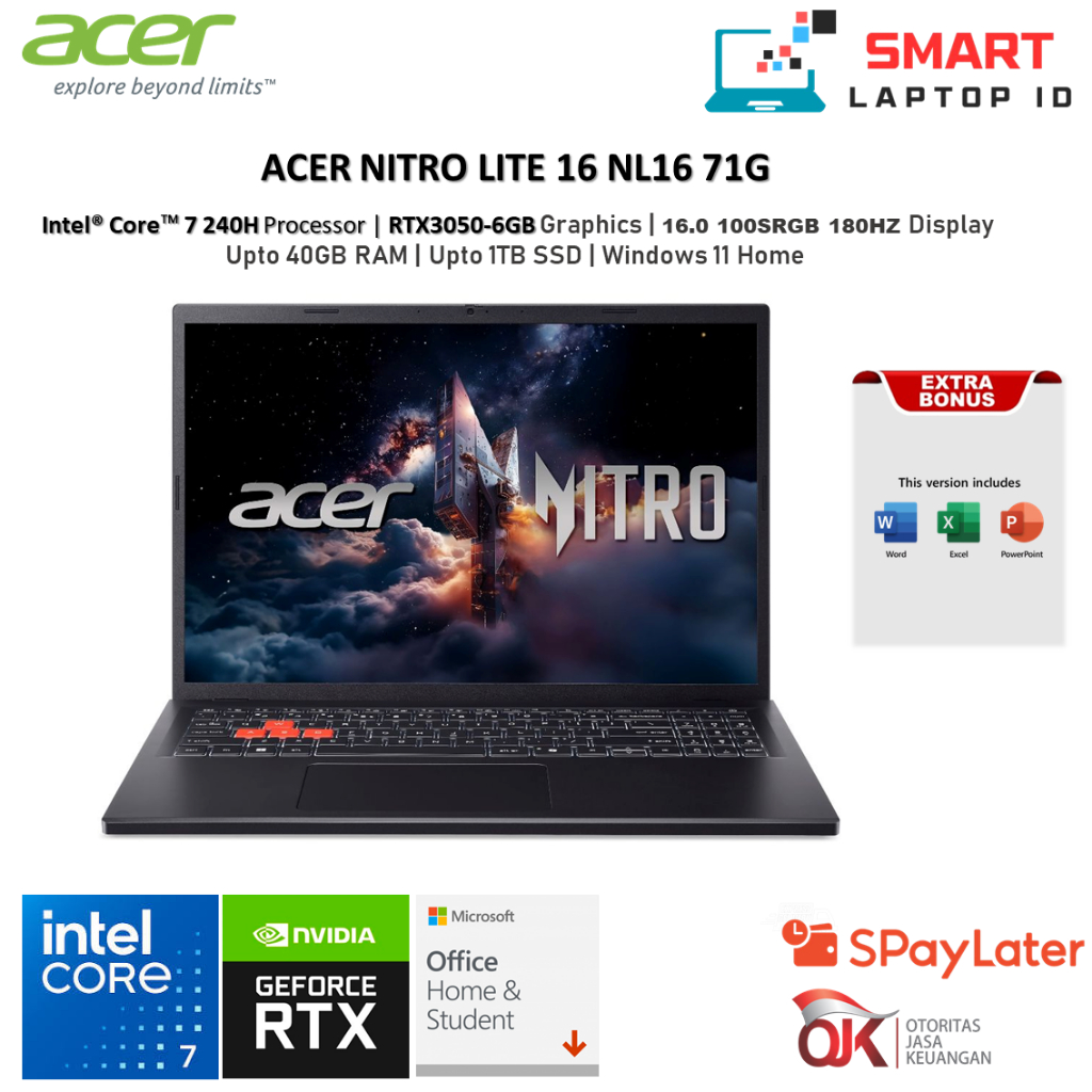 Laptop ACER NITRO LITE 16 NL16-71G GeForce RTX™ 3050 6GB - CORE 7 240H 16GB 512GB WINDOWS 11 16.0 WU