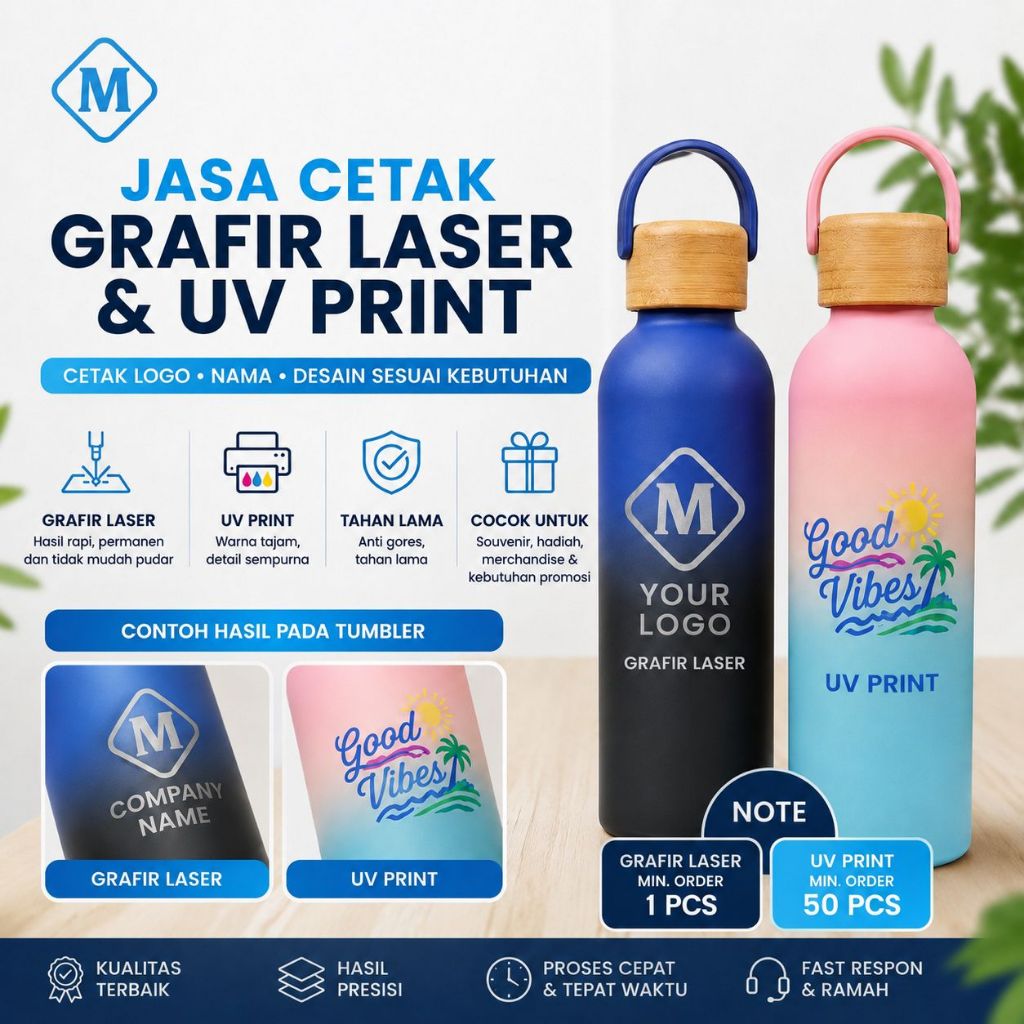 JASA CUSTOM CETAK TUMBLER LASER GRAFIR / PRINTING UV 1 SISI 2 SISI FULL KELILING FULL COLOR MJG