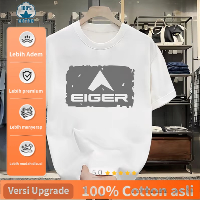 Kaos Putih Logo "Eiger" Abu-abu Vintage - 100% Katun Premium Adem Nyaman