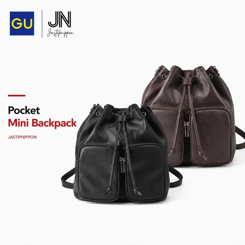 GU Pocket Mini Backpack Tas Ransel Wanita Korea Tas Serut Kulit Mini Bag Jepang Original