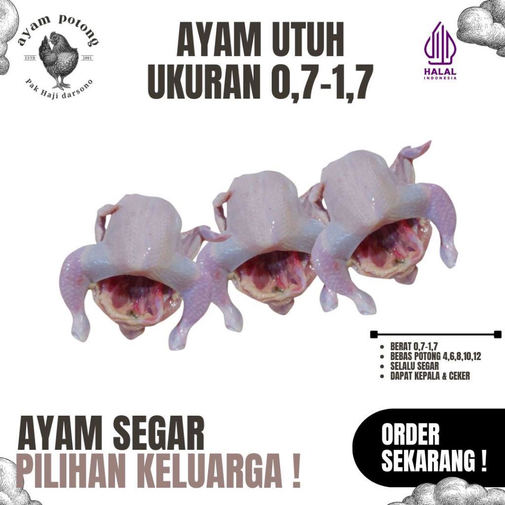 AYAM PAK HAJI DARSONO- BROILER 1 EKOR - SEGAR - MURAH - BERKUALITAS - FRESH 0,7 -1.4 KG.