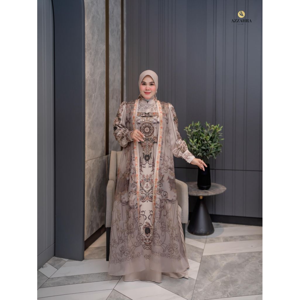 Azzahra Syari Humaira Series | Gamis Set Hijab Premium Terbaru Satin Printing kombinasi Organza