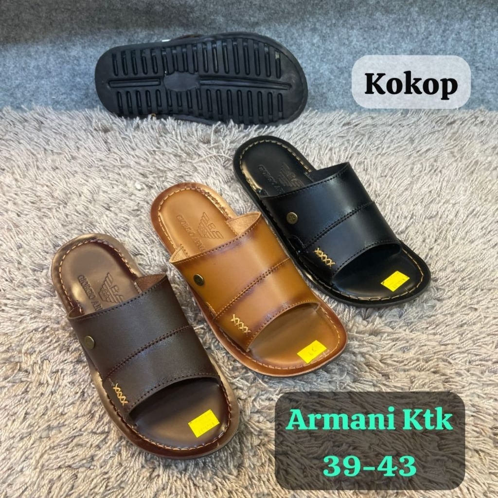 Sandal Slop Pria kulit Giorgio Armani tahan lama lentur awet ringan model trendy kekinian terlaris