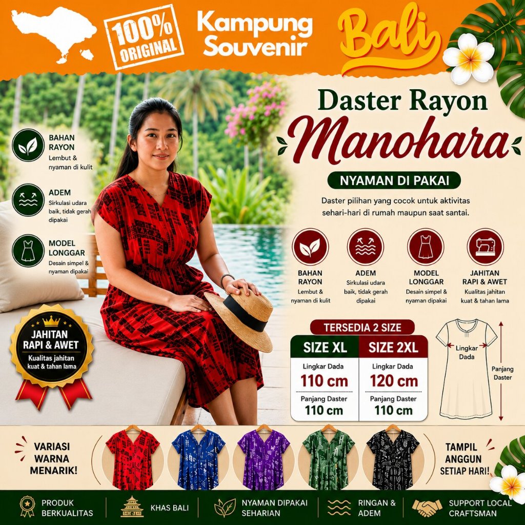 Daster Manohara Pendek Bali Rayon Adem Allsize dan Jumbo LD 120 Baju Tidur Wanita Oleh Oleh Khas Bal