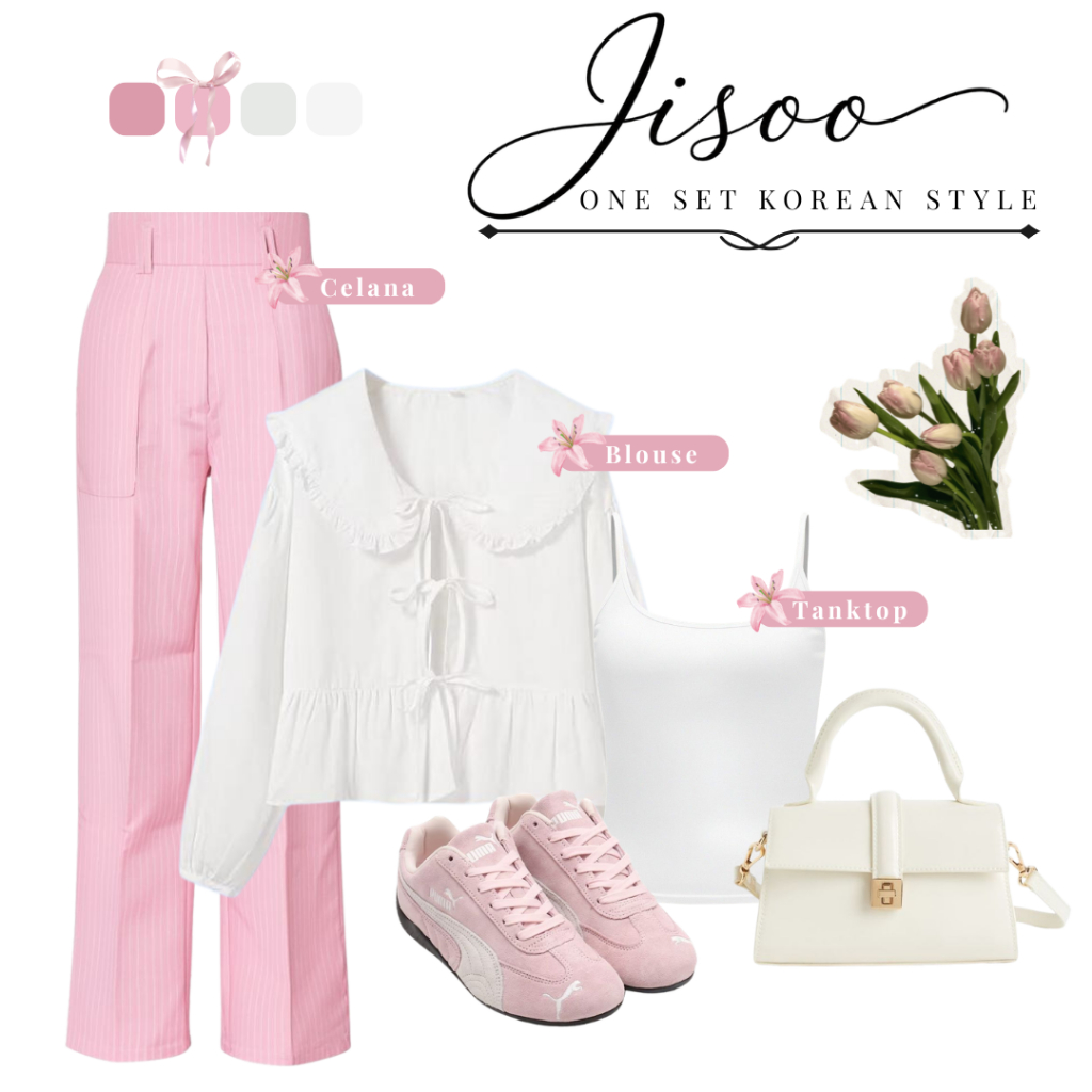 Setelan Jisoo 3in1 Cewek Korean Look (Blouse Tanktop Celana Stripe) Simple Elegant Kekinian V2L195