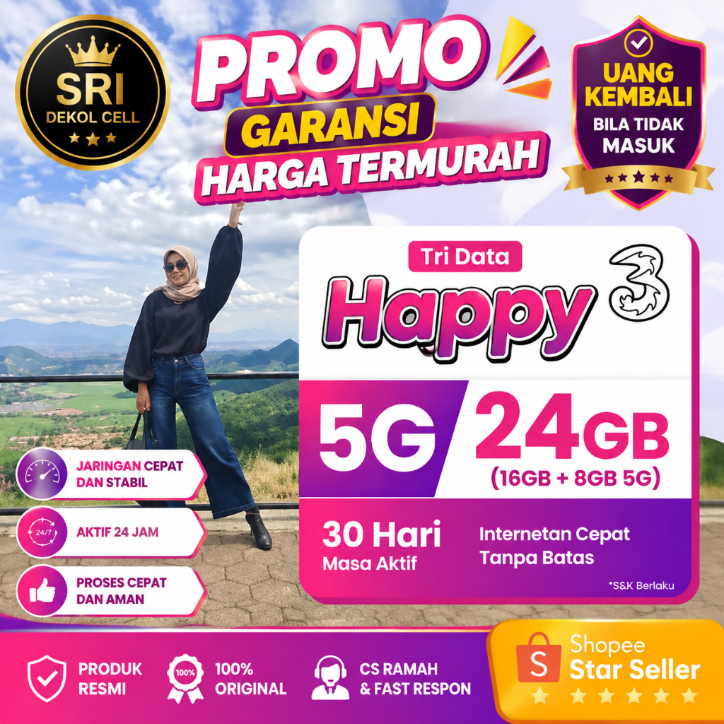 Tri Data Happy 5G 24GB 30 Hari – Uang Kembali Jika Tidak Masuk