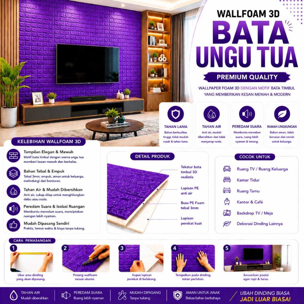 WA Wallpaper Foam Bata Warna Ungu Tua Premium Wallpaper