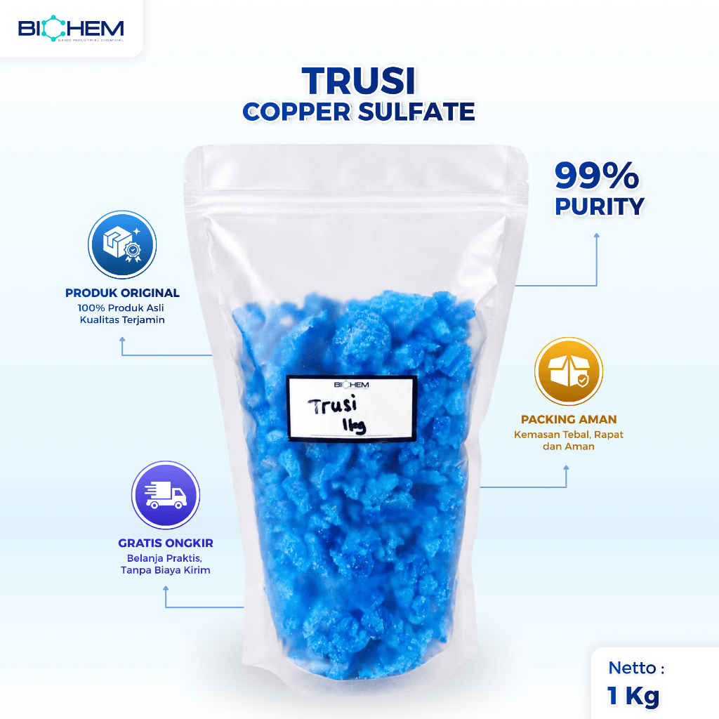 Trusi 1 Kg - Copper Sulfate Kristal Biru 1 Kg — Pengendali Alga Kolam, Fungisida, Bahan Electroplati