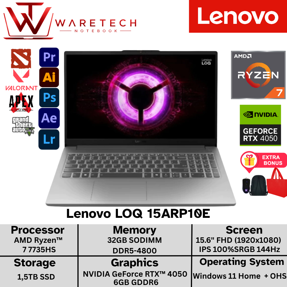Lenovo LOQ 15ARP10E Nvidia RTX 4050 Ryzen 7 32GB DDR5 1TB 15 Inch Full HD IPS 144Hz 100%sRGB Win 11