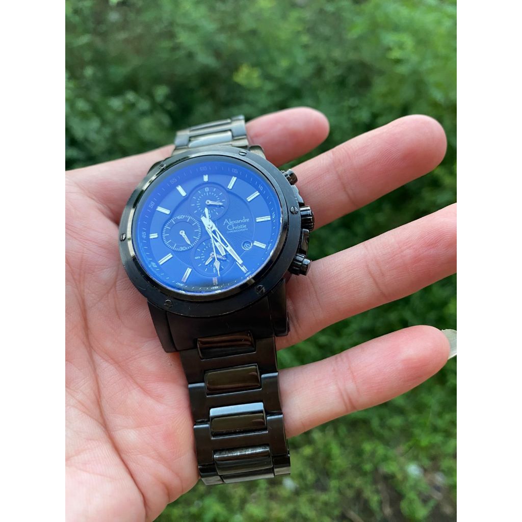 Jam Tangan Alexandre Christie 6190 Chronograph Hitam Tali Rantai Analog