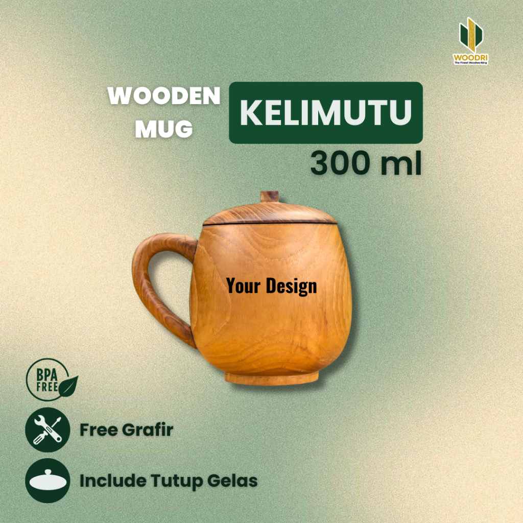 WOODRI Wooden Mug Kelimutu 300 ml | Mug Kayu Jati Custom Grafir dengan Tutup | Stainless Steel