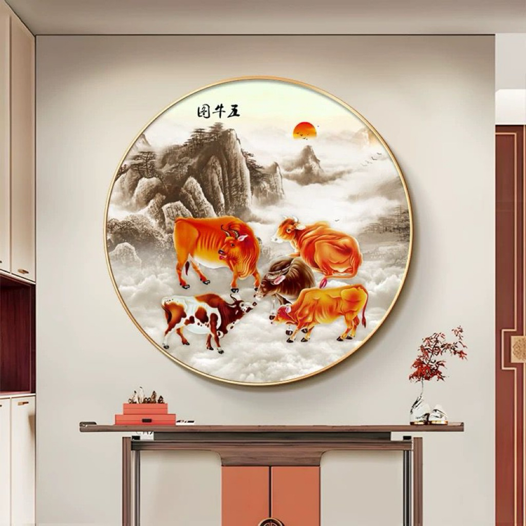 KOKOPAINTING Lukisan Porcelain Diamond 5D Kristal Timbul LED Bulat Lingkaran Motif Kerbau Shio Kalig