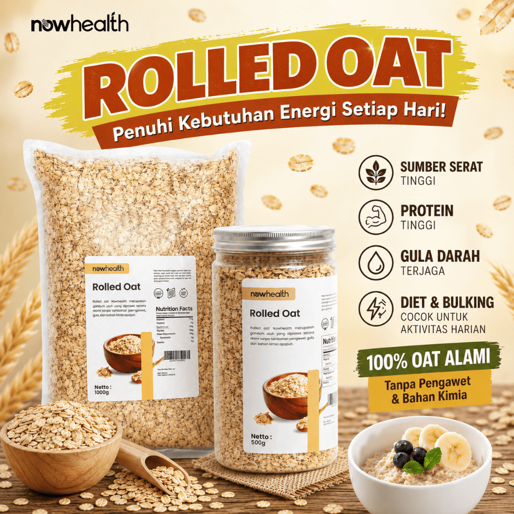 Rolled Oat 1 kg Wholegrain Oatmeal Overnight Nowhealth | Cocok untuk Bulking & Diet Cutting