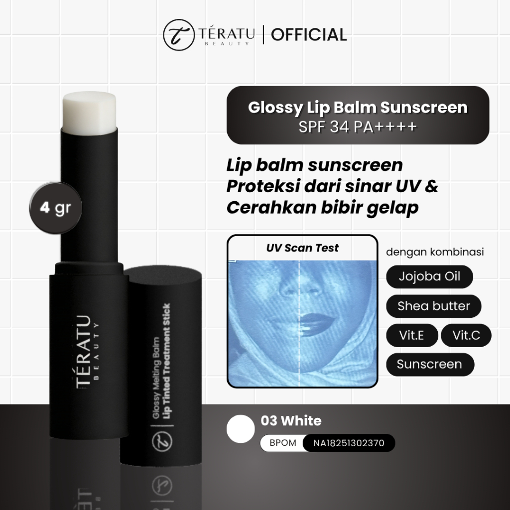 TERATU BEAUTY Glossy Lip Balm Sunscreen SPF 34 PA++++ (proteksi dari sinar UV & cerahkan bibir gelap