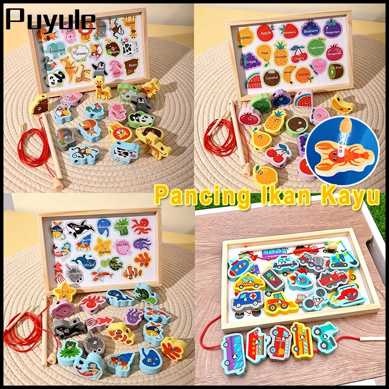 Puyule Mainan Edukasi Mancing Ikan Magnet Anak Set / Wooden Fishing Game / Mainan Anak Pancing Ikan 