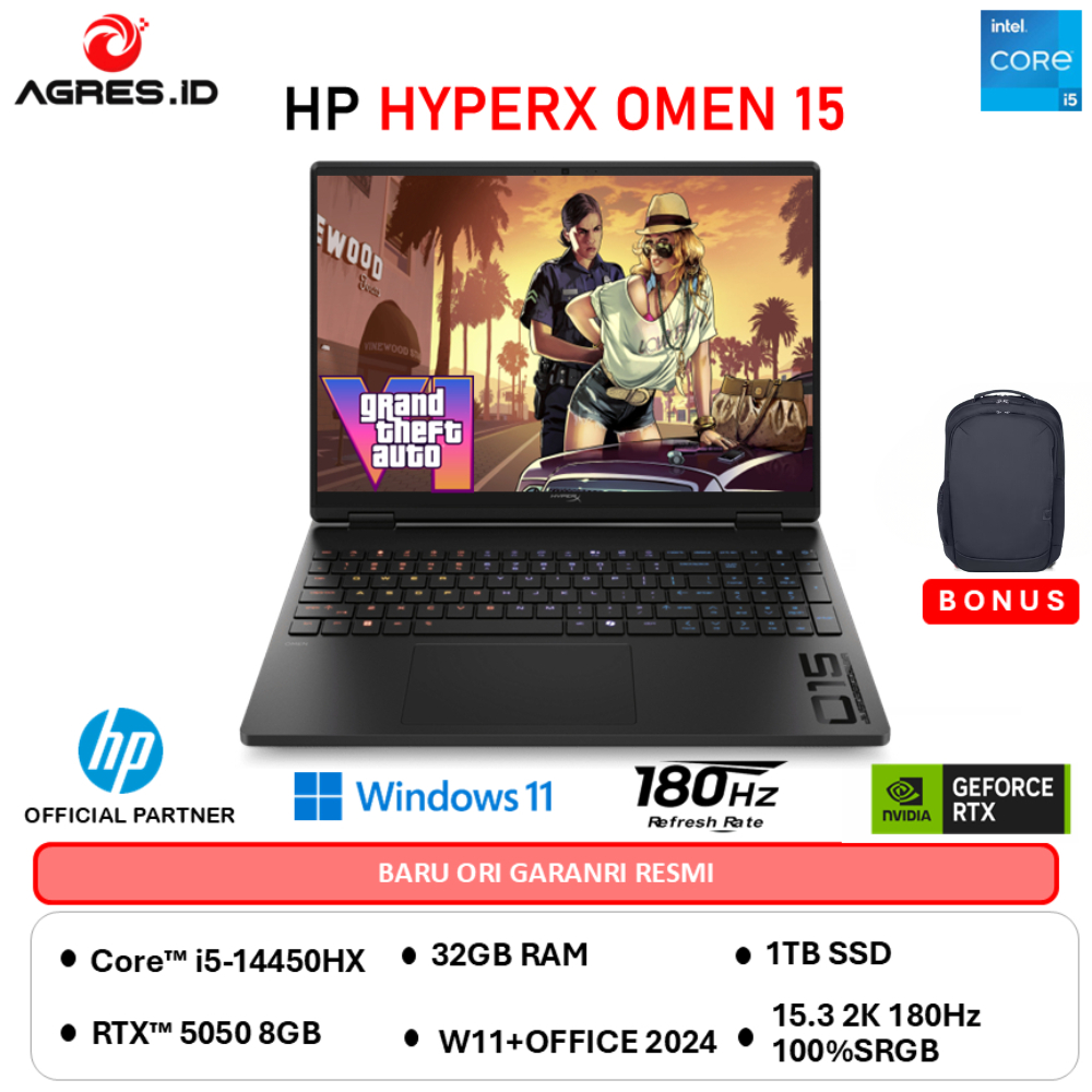 HP HYPERX OMEN 15 CORE I5 14450HX RTX5050 8GB - RAM 32GB 1TB W11+OHS 15.3WQXGA 180HZ 100SRGB -GA0555