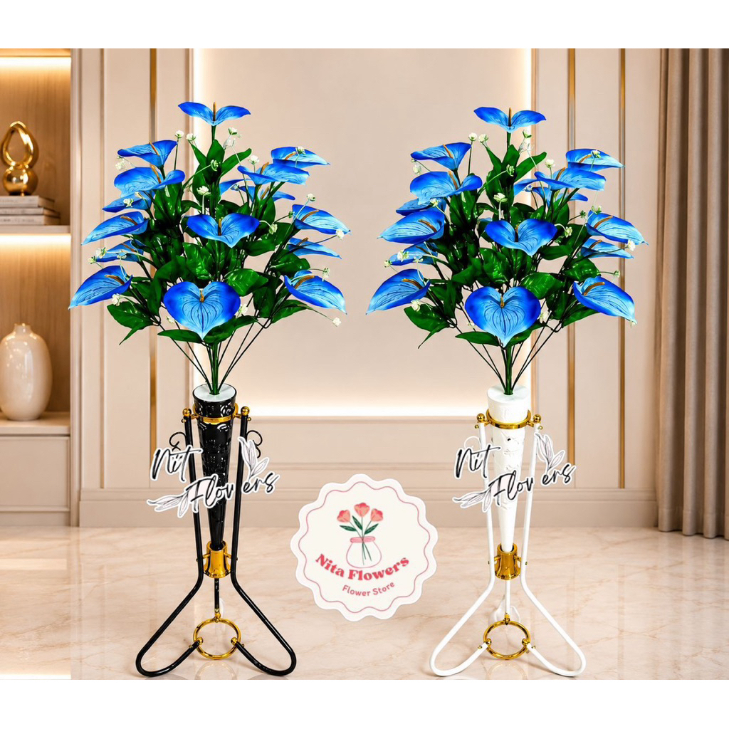 Bunga Anthurium lily 18 Kuntum Premium dengan Pot dan Standing Besi Bunga Sudut Ruangan