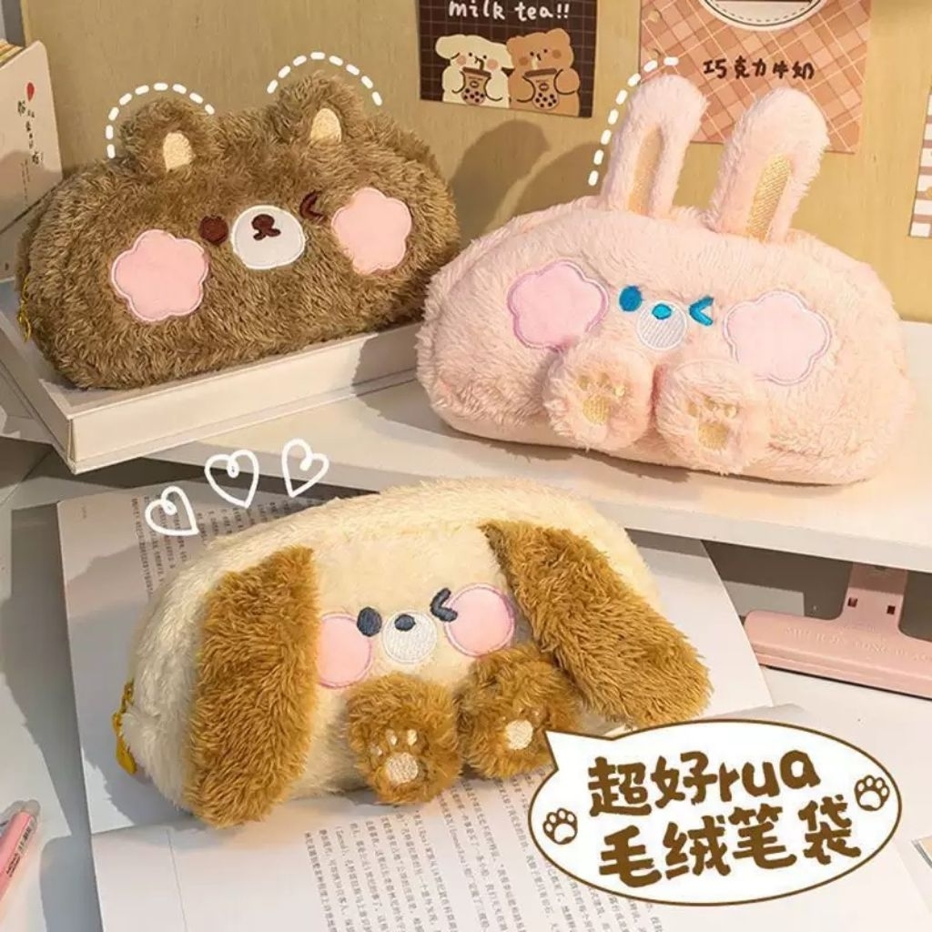 Tempat Pensil Bulu Hewan Kelinci Bear Puppy Premium Pouch Serba Guna Alat Tulis Makeup Pencil Case