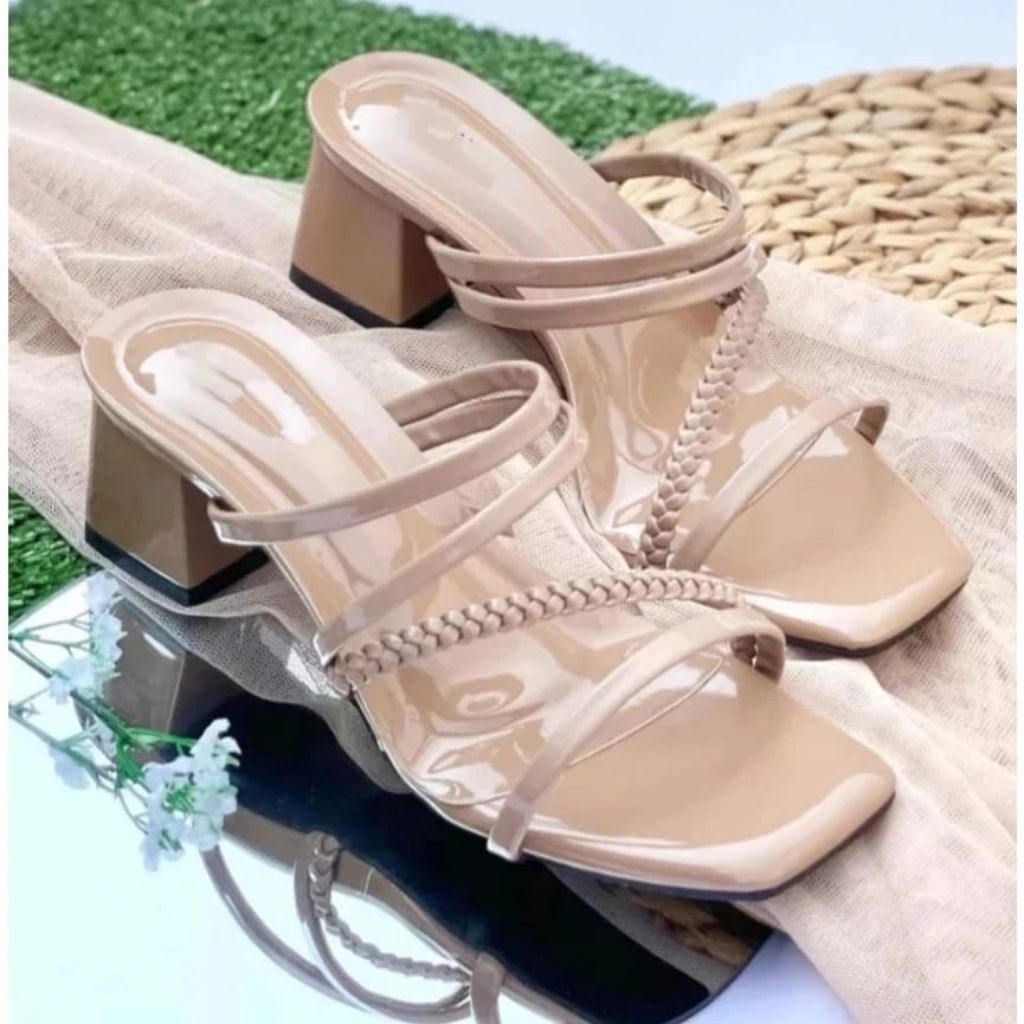 Sandal Wanita High Heels Kepang 5cm Putih - Desain Elegan, Nyaman Dipakai, Tali Unik