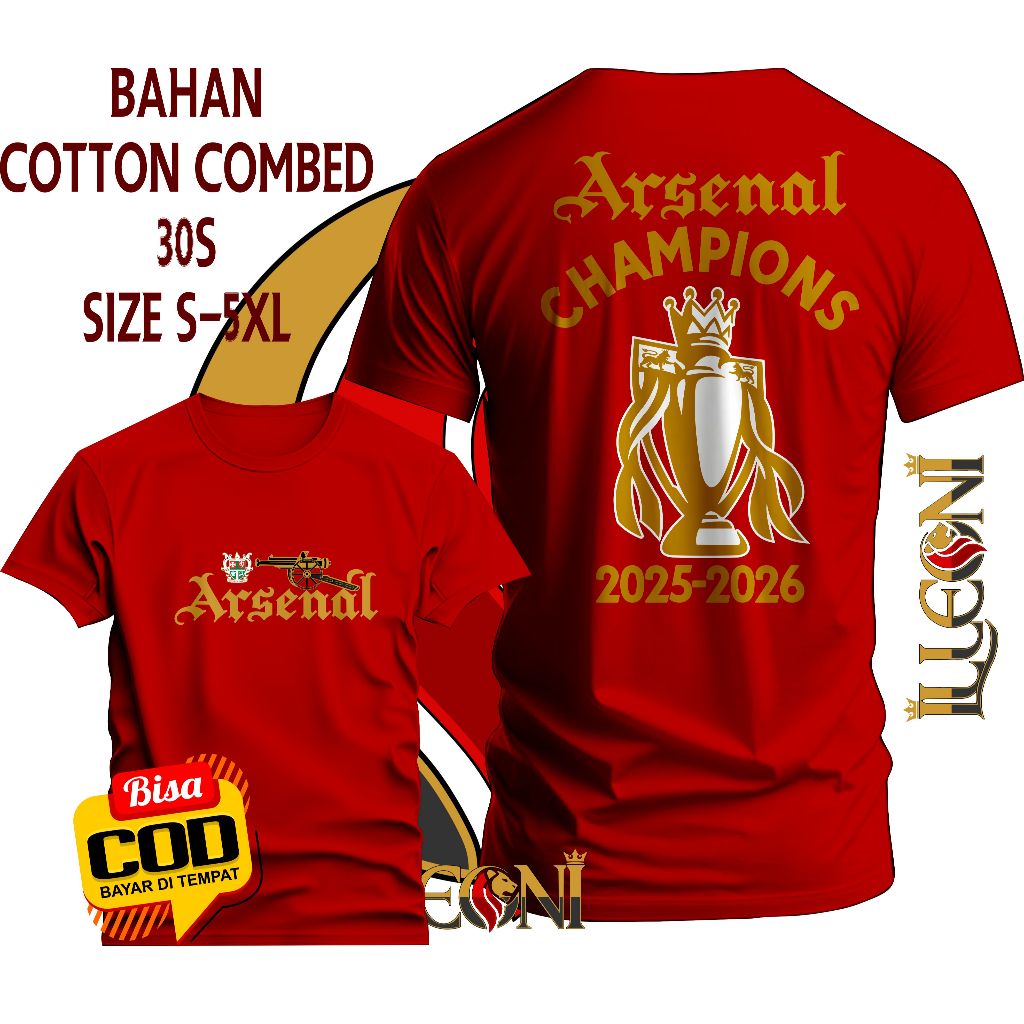 KAOS ARSENAL CHAMPIONS BPL DB BIG SIZE (S-5XL) KAOS ARSENAL JUARA LIGA INGGRIS 2026 | KAOS THE GUNNE