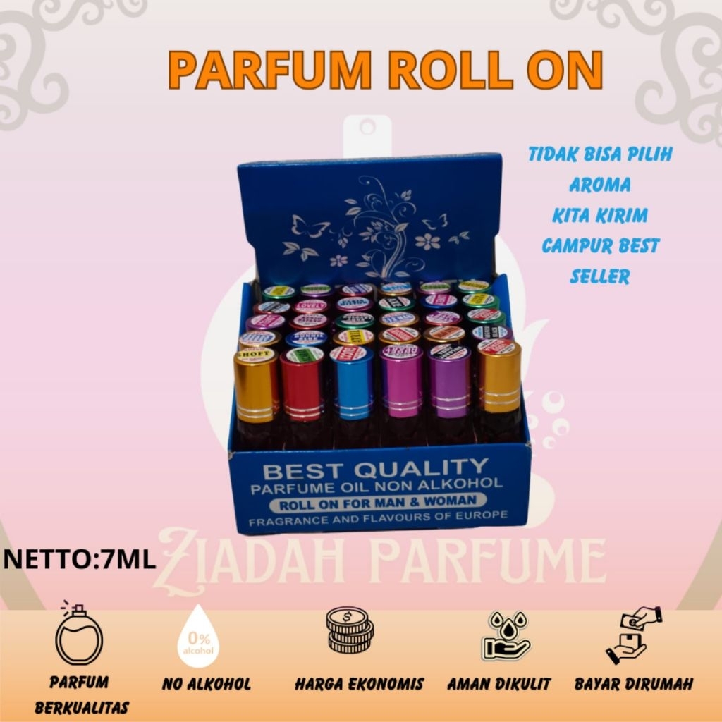parfum refil roll on non alkohol 7ml 1 box 30 aroma bonus tempat parfum