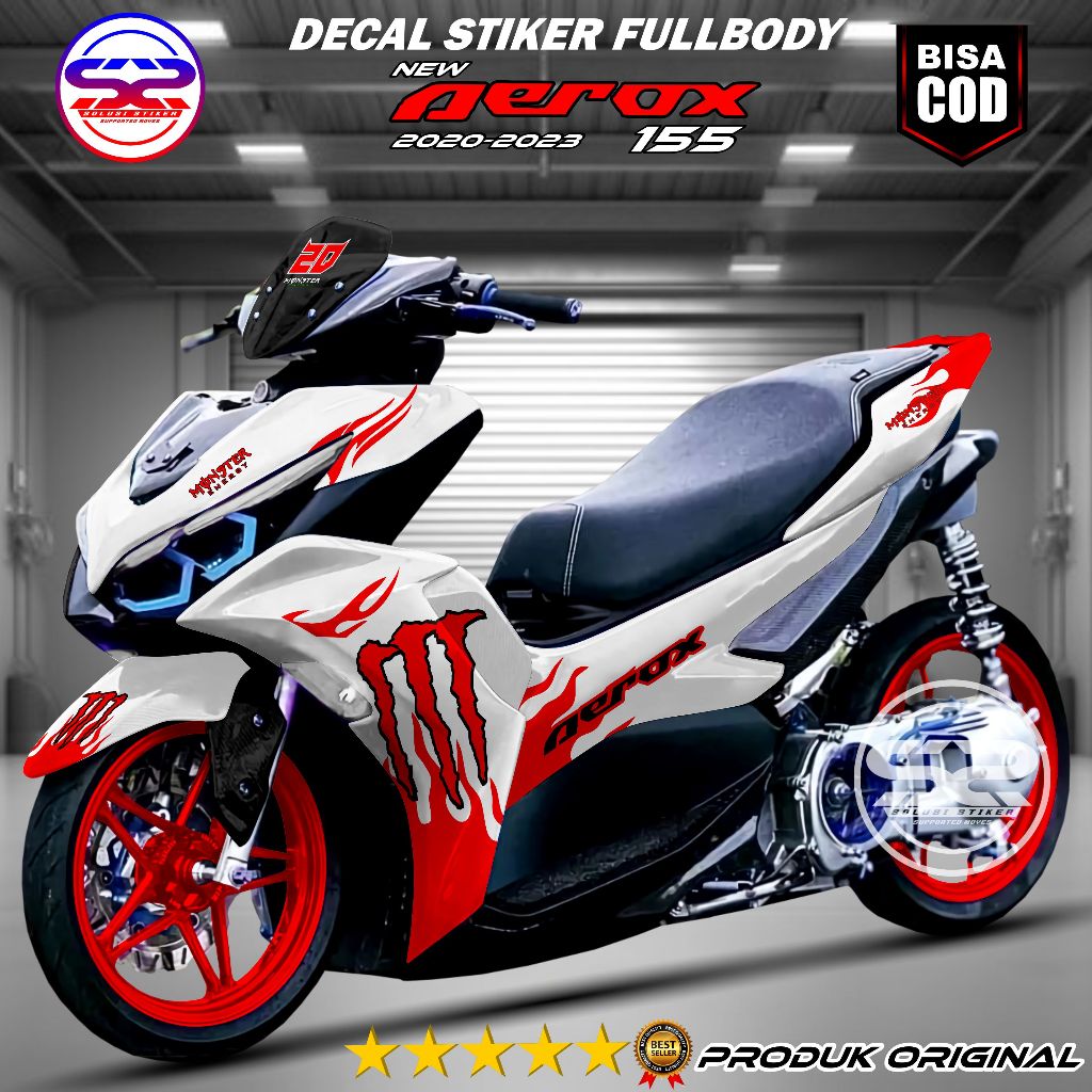 Decal Stiker Aerox 155 new Connected 2021 Free Antigores Dasar Putih List Motif Monster