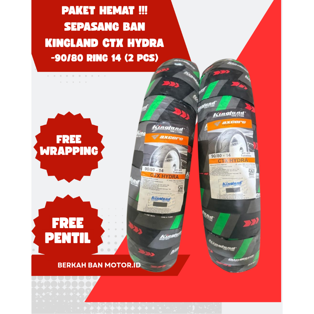Free Pentil - Paket Sepasang Ban Motor Kingland 90/80 Ring 14 (Ban Depan & Belakang) - Profil Donat,