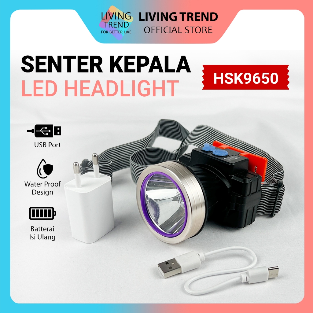 Senter Kepala Headlight LED / Senter Kepala Travel / Senter Kepala Charger HSK-9650 LED Putih