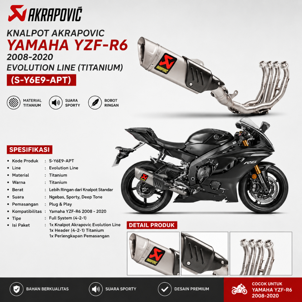 KNALPOT AKRAPOVIC YAMAHA YZF-R6 2008-2020 EVOLUTION LINE (TITANIUM)(S-Y6E9-APT)