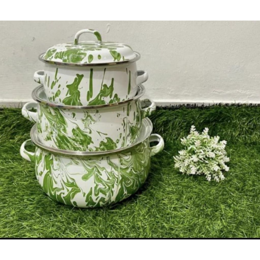 Set Panci Enamel Lurik Ayam 3pcs dengan Tutup Kaca
