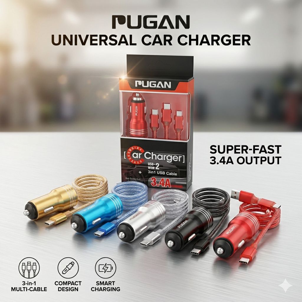 Pugan CAR CHARGER CASAN HP MOBIL 3-1 USB KABEL FASH CHARGING 3.4A