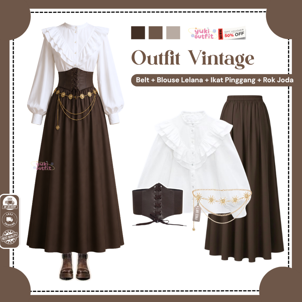 Outfit Yearbook Vintage Wanita ( Blouse, Belt, Rok Joda )  Ootd Yearbook Kekinian Wanita - N183