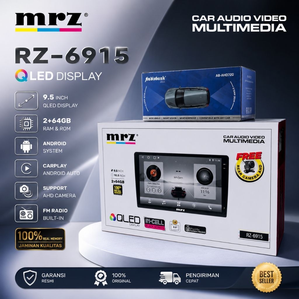 Headunit MRZ RZ-6915 2/64 GB 9/10 Inch / Headunit Android MRZ Gratis Kamera Mundur