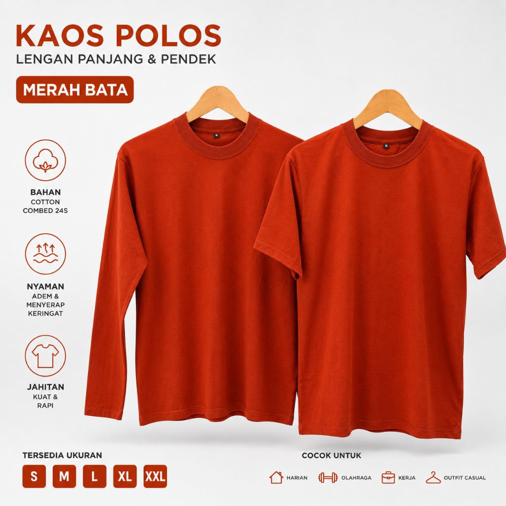 KAOS POLOS MERAH BATA / TERACOTA COTTON  COMBET 24S UNISEX PRIA WANITA