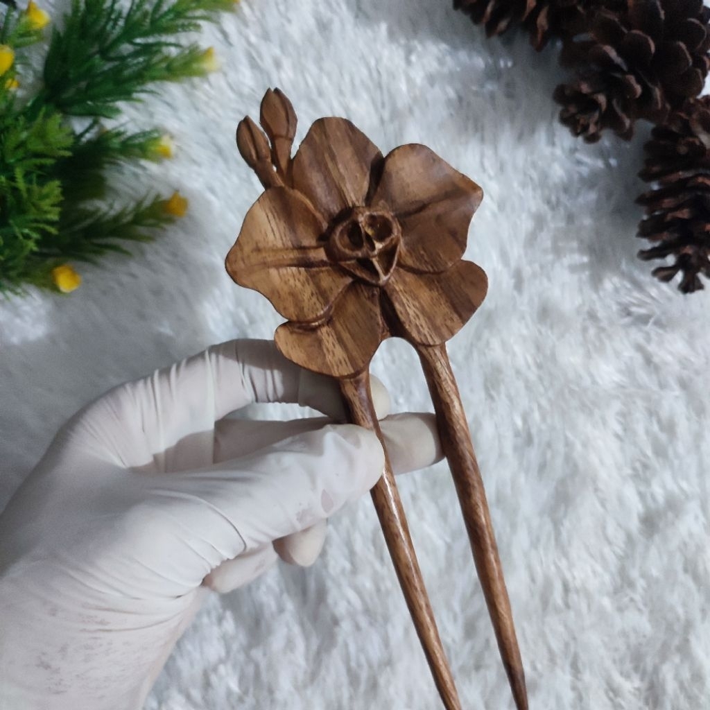 Tusuk konde handmade Dari kayu Jepit Rambut estetik Hiasan Rambut motif Anggrek Orchid Hair accessor