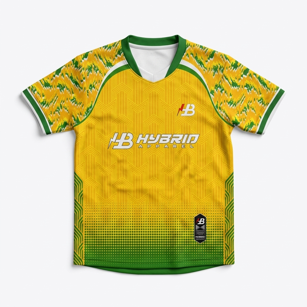 Setelan Kaos Olahraga Hybrid Apparel Kuning Kombinasi Hijau Grafis Halftone Jersey Lari Futsal Padel