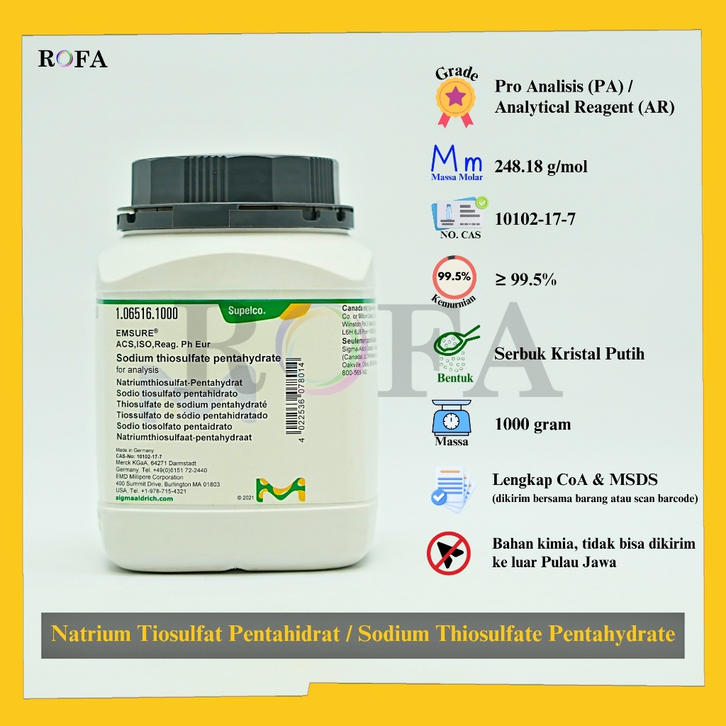 Natrium Tiosulfat Pentahidrat / Sodium Thiosulfate Pentahydrate / Na2S2O3.5H2O Pro Analisis 500 Gram