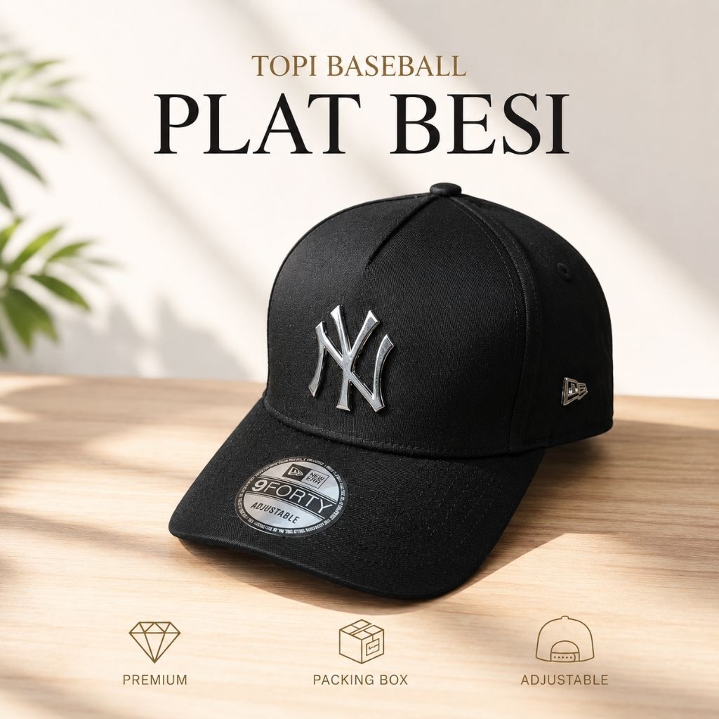 Topi Baseball Premium Logo NY LA Bulls Unisex Plat Besi Hitam Adjustable