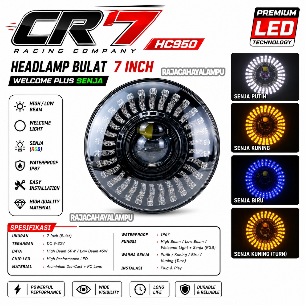 Lampu Depan LED 7 Inch CR7 C950 Model Bulat Welcome Plus Senja Headlamp Universal Motor Mobil 7 Inch