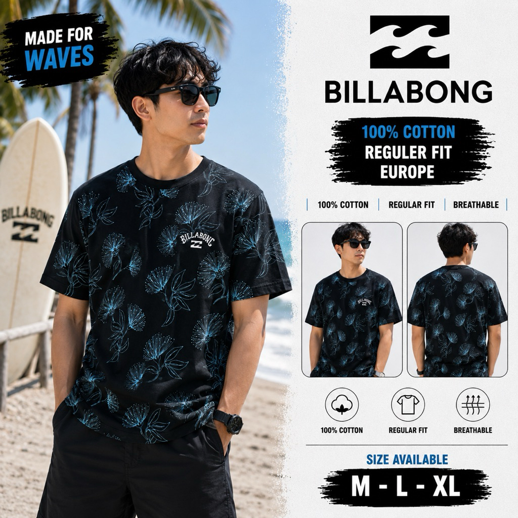 Billabong Original T-Shirt Kaos Surfing Pria Hitam motif Premium Cotton originalM L XL