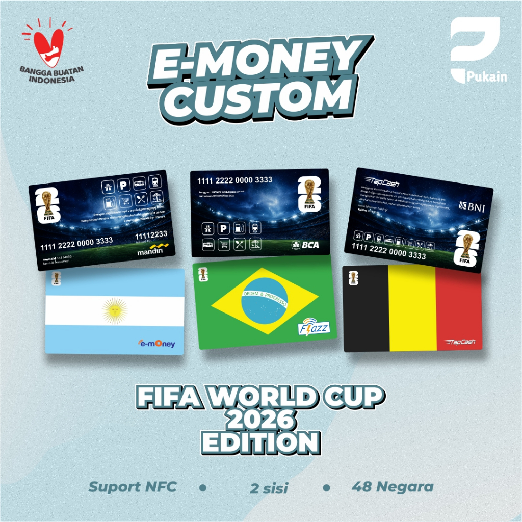 Kartu E-money Custom edisi Piala Dunia 2026  Etoll emoney Flazz Mandiri Bca Cetak Uv Print