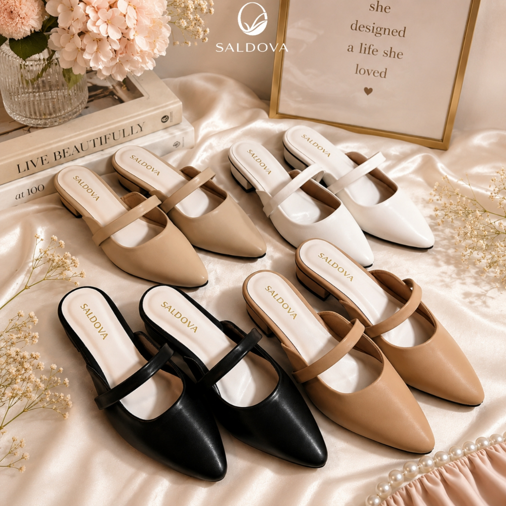 Sepatu Mules Wanita model Slavina by SALDOVA dengan Hak sedang yang Nyaman / Sandal Wanita Formal El